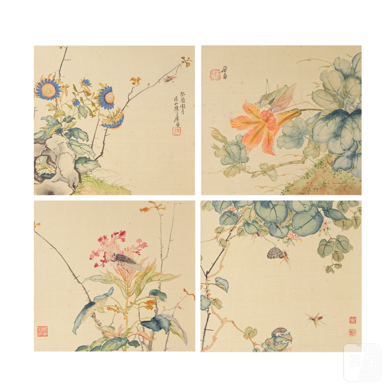居廉 花與蟲 一組四幅 設色絹本 無框 | JU LIAN (1828-1904)